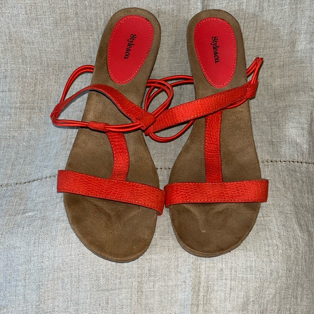 Style & Co coral pink T bar sandal. Comfort sole size 9. Hessian covered wedge.